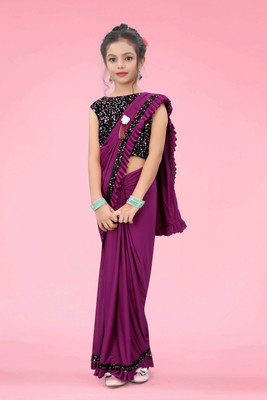 VRAJTEX FAB Embellished, Solid/Plain Bollywood Lycra Blend Saree(Purple)