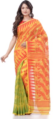 Desh Bidesh Woven, Self Design, Floral Print, Temple Border Jamdani Handloom Cotton Blend, Pure Cotton Saree(Yellow)