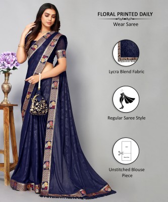 Samah Floral Print, Printed, Geometric Print, Embellished Daily Wear Lycra Blend Saree(Dark Blue)