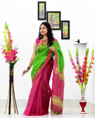 RIDDHIMAN FASHION Color Block Handloom Cotton Silk Saree(Green)