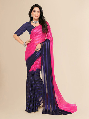 Moda Rapido Striped, Self Design Daily Wear Satin Saree(Pink)