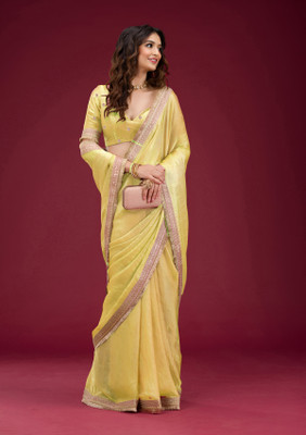Bhojal Creation Embroidered Bollywood Silk Blend Saree(Yellow)