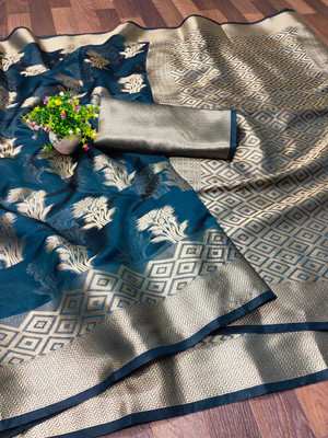 DHARM CREATION Self Design Banarasi Organza Saree(Blue)