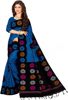 Joyguru Textile Printed Handloom Cotton Blend Saree(Blue)