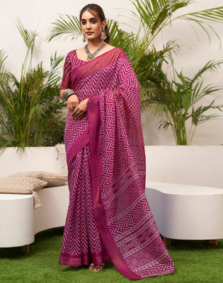 Samah Geometric Print, Striped Daily Wear Cotton Blend Saree(Purple, White)