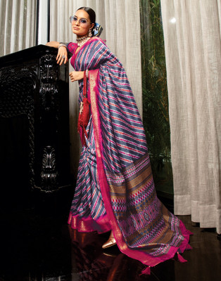 Samah Printed, Self Design, Embellished Patola Cotton Silk Saree(Grey, Pink)