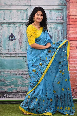 SUNDREESAREE Printed Ikkat Pure Cotton Saree(Light Blue)