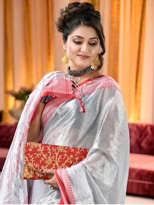 Desh Bidesh Self Design, Woven Bollywood Chiffon, Georgette Saree(Silver)