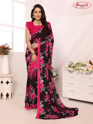 Anand Sarees Floral Print Daily Wear Georgette Saree(Pink, Black)