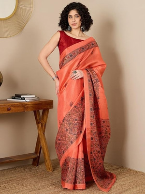 Marabout Digital Print Bollywood Cotton Linen Saree(Orange)