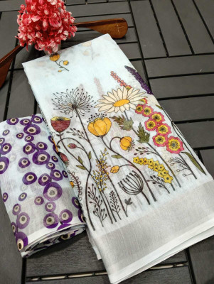 HouseOfCommon Printed Kanjivaram Pure Cotton, Cotton Linen Saree(Light Blue)