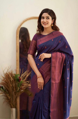 Rudr Venture Self Design Banarasi Cotton Silk Saree(Purple)