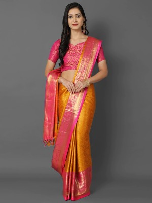 NEWHAVELI Woven Mysore Cotton Silk Saree(Pink, Orange)