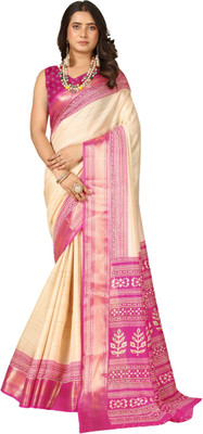 Virendra Textiles Printed Handloom Cotton Blend Saree(Pink, Cream)