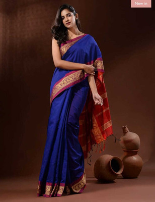 GOLU Printed Handloom Cotton Silk Saree(Blue)