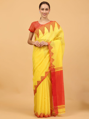 NIBIRAPON Printed, Woven Jamdani Pure Cotton Saree(Yellow, Red)
