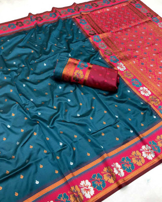 Femili Creation Woven, Floral Print Banarasi Art Silk Saree(Blue)