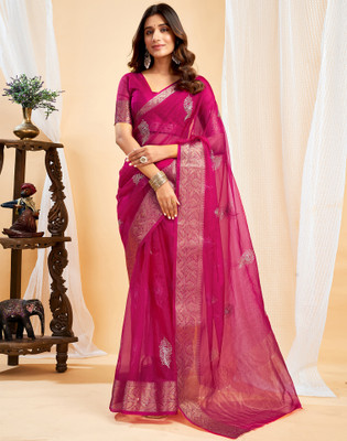 Satrani Embellished, Embroidered, Woven Banarasi Organza, Jacquard Saree(Pink)