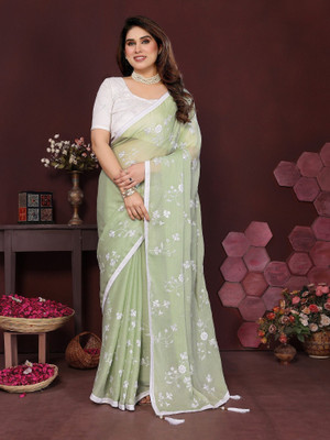 RAJESHWAR FASHION Embroidered Bollywood Chiffon, Silk Blend Saree(Light Green)