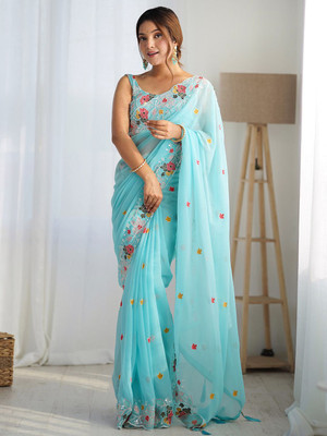 ANOUK Embellished Bollywood Georgette Saree(Light Blue)