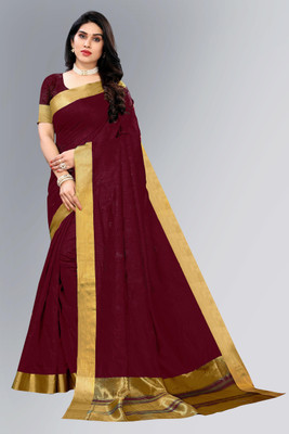 SARETRA MALL Solid/Plain Chanderi Cotton Silk Saree(Maroon)