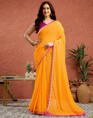 SIRIL Embellished, Solid/Plain Bollywood Georgette Saree(Yellow)