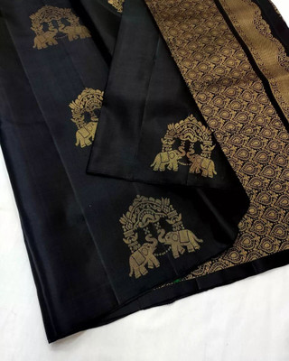 RASVRITI Solid/Plain Kanjivaram Pure Silk, Art Silk Saree(Black)