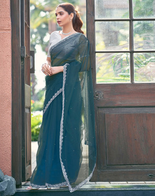 SIRIL Dyed, Embellished, Self Design Bollywood Net Saree(Blue)