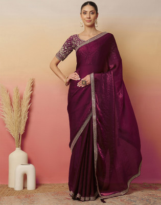 Satrani Embroidered, Solid/Plain Bollywood Chiffon, Jimmy choo Saree(Purple)