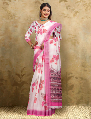 HouseOfCommon Printed Kanjivaram Pure Cotton, Cotton Linen Saree(Pink)