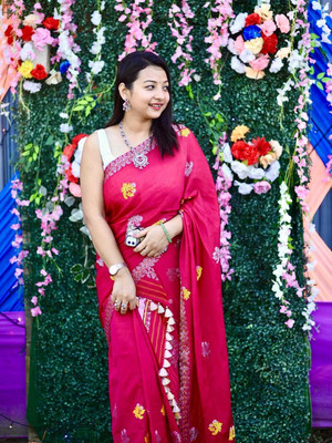 vrajtextiledr Woven Mekhela Chador Pure Silk Saree(Pink)