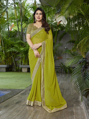 AMBUJAINTERNATIONAL Embroidered Bandhani Georgette Saree(Pack of 2, Green)