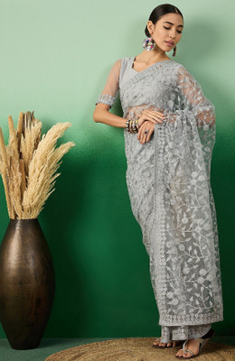zili Embroidered Bollywood Net Saree(Grey)