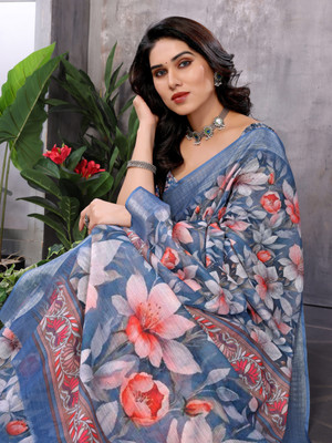 Soor Panchi Floral Print Bollywood Cotton Linen Saree(Multicolor)