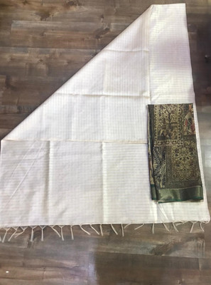 Fevinaa Striped, Self Design, Woven, Floral Print Handloom Cotton Blend Saree(White, Green)