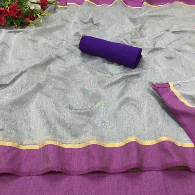 KISSAH Solid/Plain Bhagalpuri Cotton Silk Saree(Purple, White)