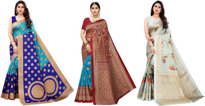 ANIRAV Printed, Woven Bollywood Art Silk Saree(Pack of 3, Blue, Red, Light Blue)