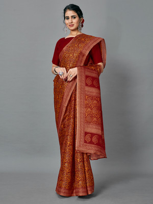 ANOUK Printed Hand Batik Silk Blend Saree(Mustard)