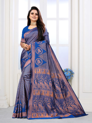 VARNI DESIGNER HUB Floral Print Banarasi Silk Blend Saree(Blue)