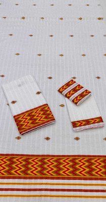 agarvalsilk mils Striped, Woven Mekhela Chador Handloom Cotton Blend Saree(Cream, White)