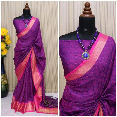 Wamsi Printed, Digital Print, Temple Border, Embroidered, Embellished, Woven, Applique, Checkered Kanjivaram Jacquard, Cotton Silk Saree(Purple)