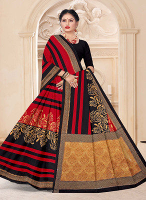 LYNETH Polka Print Sambalpuri Pure Cotton Saree(Black, Red, Gold)