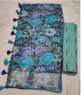 Arpita Fashion Printed Bollywood Cotton Blend, Cotton Linen Saree(Blue)