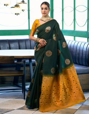 Samah Woven, Embellished, Self Design Banarasi Silk Blend, Jacquard Saree(Dark Green, Mustard)