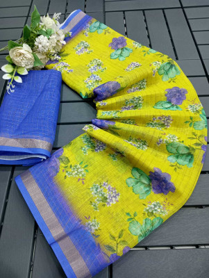 Saaransh Floral Print Kanjivaram Linen, Cotton Silk Saree(Green)