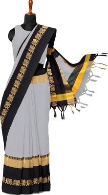 Mortal Textile Printed Assam Silk Cotton Silk Saree(Cream)