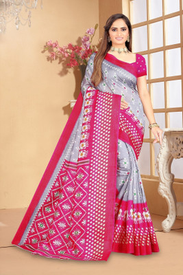 Moda Rapido Printed Kanjivaram Cotton Blend Saree(Grey)