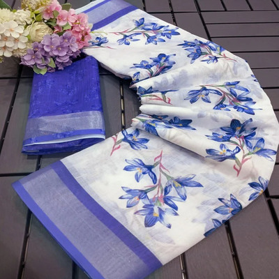 Marabout Digital Print Bollywood Cotton Linen Saree(White, Blue)