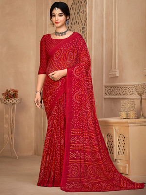 ANOUK Printed Bandhani Chiffon Saree(Red)