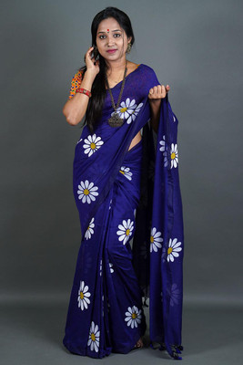 Apu handloom Printed Handloom Pure Cotton Saree(Blue)
